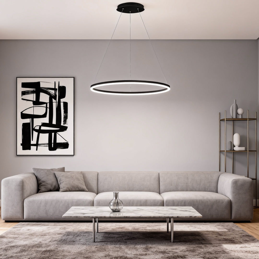 Sleek Black LED Ring Chandelier Fixture in Durable Aluminum for Modern Spaces