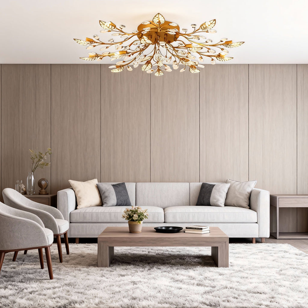 Modern Gold Brass Branch Chandelier with Crystal Leaves for Dining Room