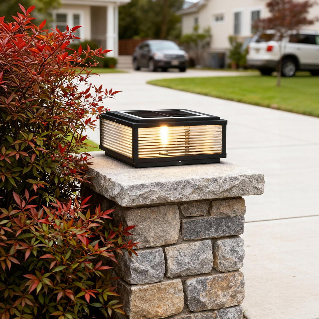 Ribbed Glass Square Pillar Outdoor Metal Lantern Light for Patios