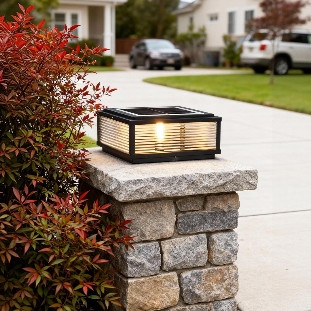 Ribbed Glass Square Pillar Outdoor Metal Lantern Light for Patios
