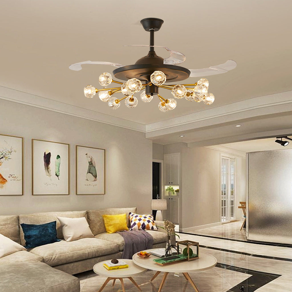 Nordic Crystal Invisible Ceiling Fan with Multiple LED Lights for Living Rooms
