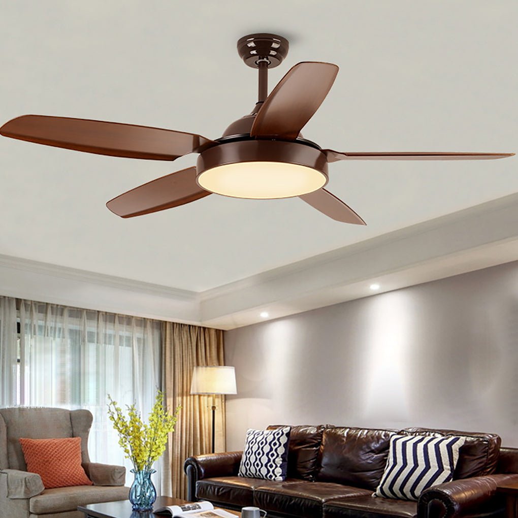 Industrial Brown Ceiling Fan with Real Wood Blades and Light Fixture for Living Room