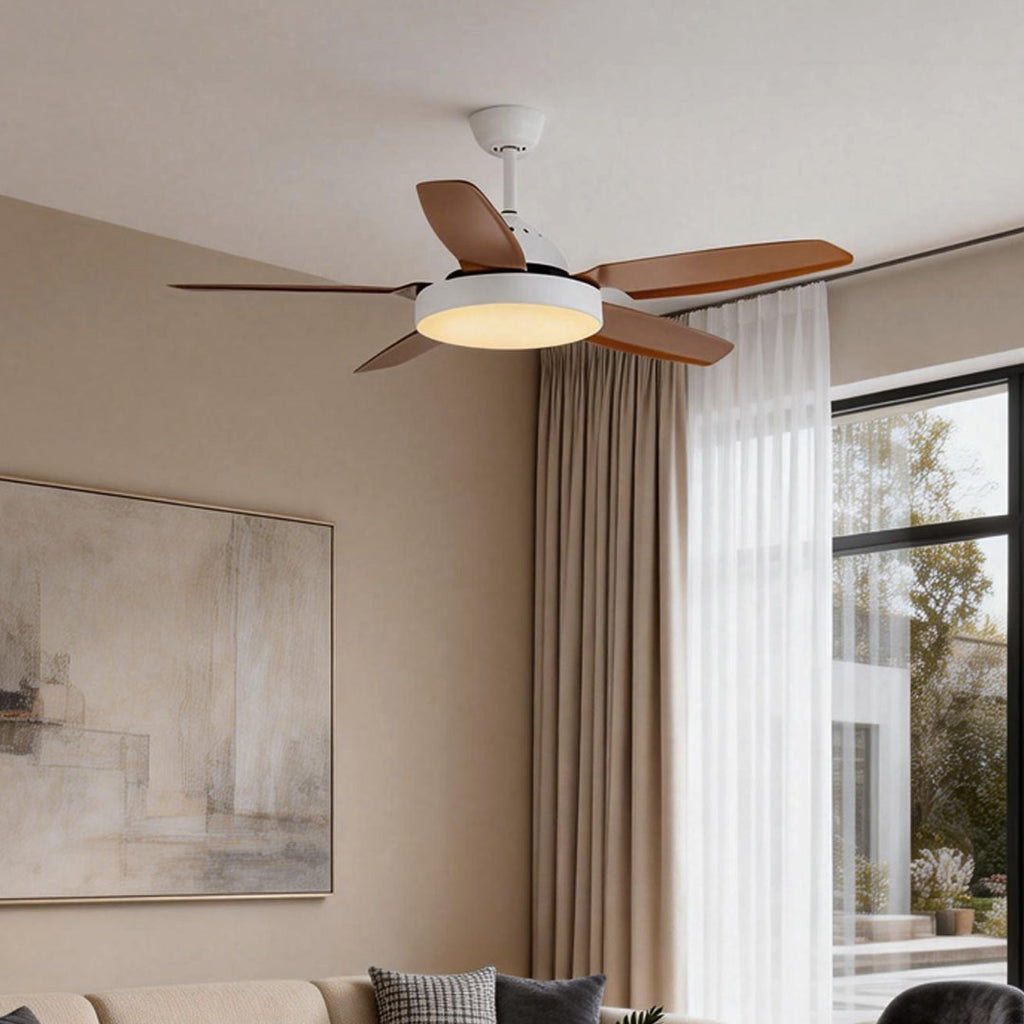 Industrial Brown Ceiling Fan with Real Wood Blades and Light Fixture for Living Room