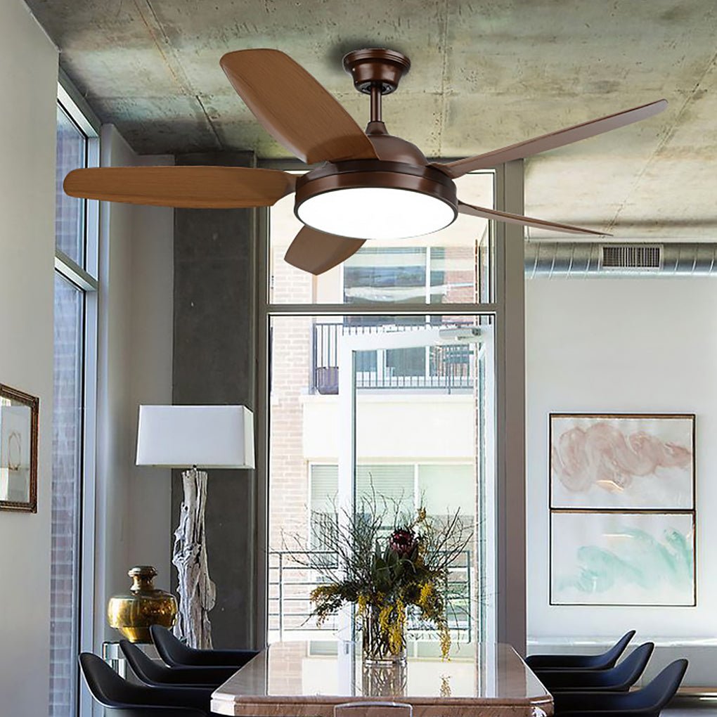 Industrial Brown Ceiling Fan with Real Wood Blades and Light Fixture for Living Room