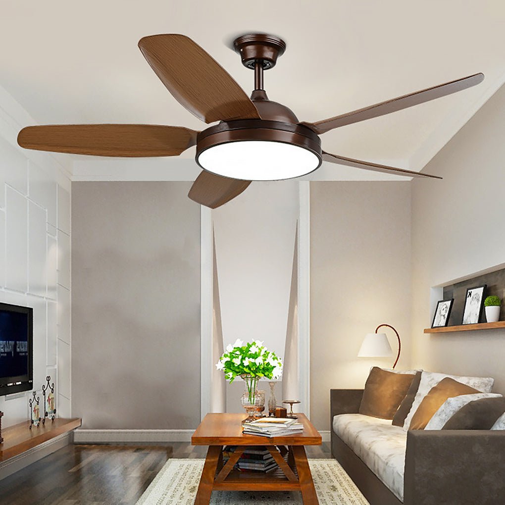 Industrial Brown Ceiling Fan with Real Wood Blades and Light Fixture for Living Room