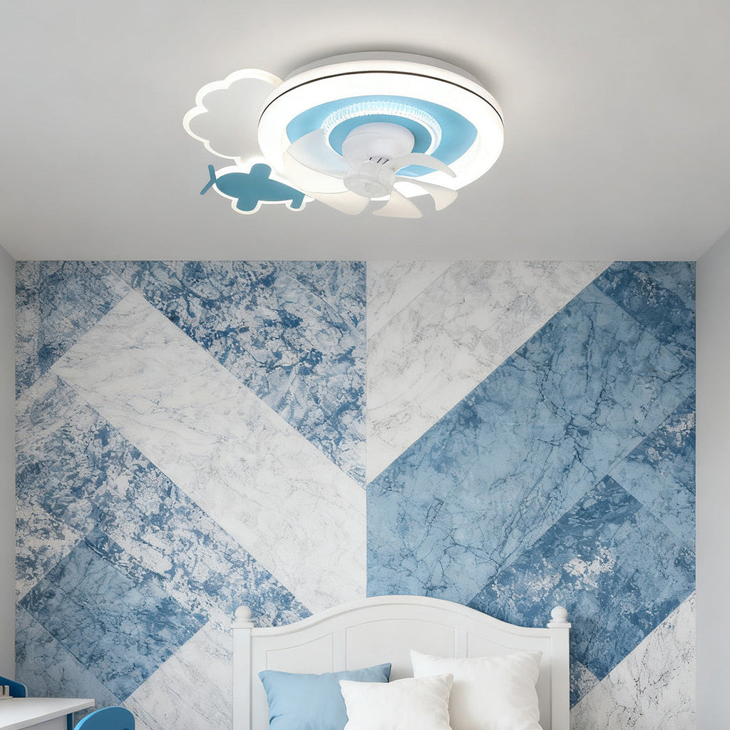 Blue and White Kids' Ceiling Fan with Lights, Quiet Motor for Nurseries