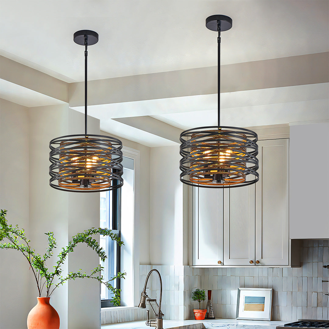 Industrial Black Iron Drum Pendant Light for Kitchen or Dining Room