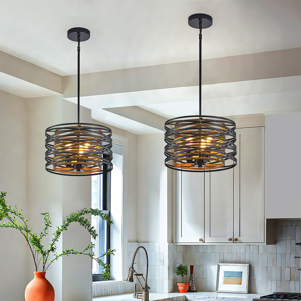 Industrial Black Iron Drum Pendant Light Fixture for Dining Room Ceiling