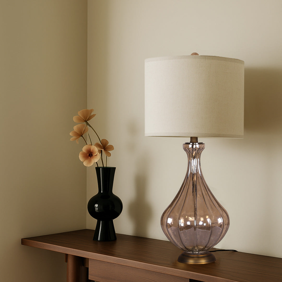 Sculptural Glass Base Table Lamp with Classic Linen Shade for Living Room