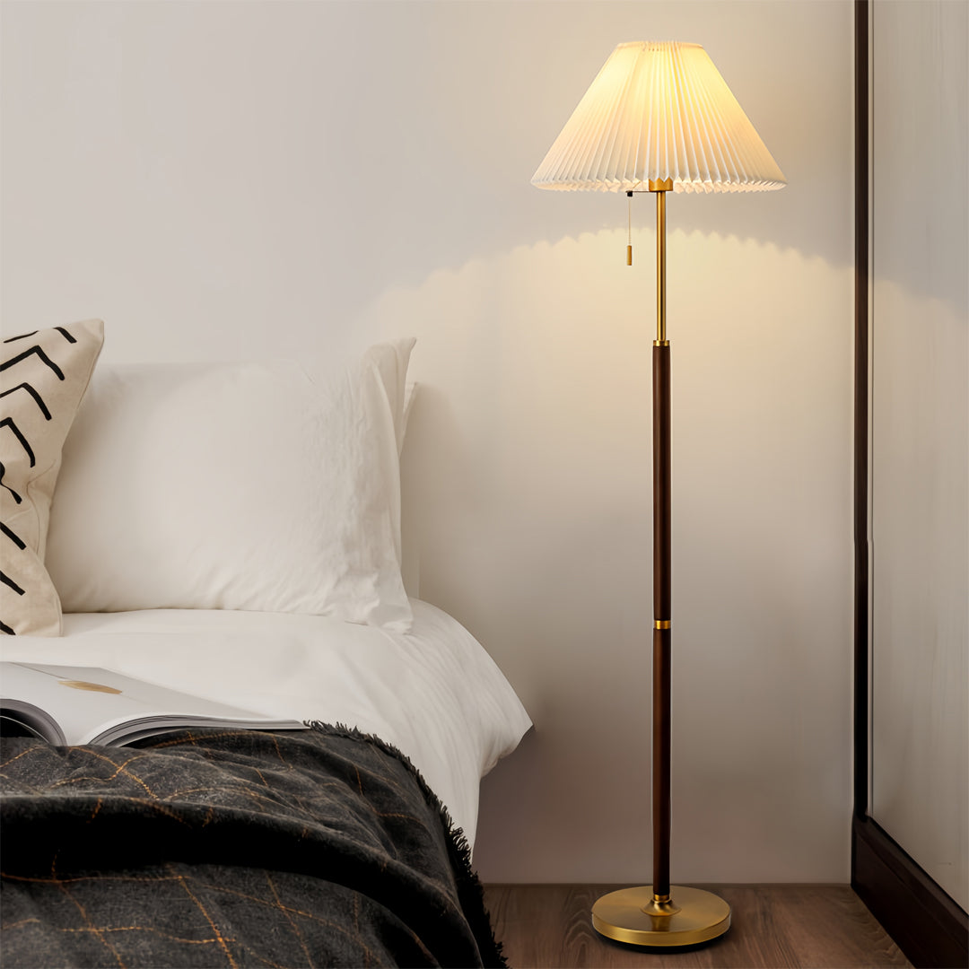 Elegant Wood Floor Lamp with Pleated Fabric Shade for Living Room Decor