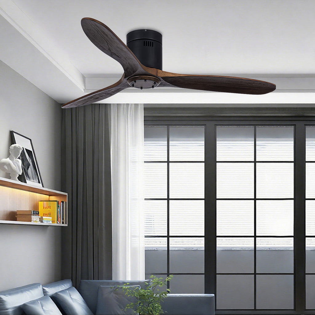 Rustic Wood Three-Blade LED Ceiling Fan with Remote Control for Living Room