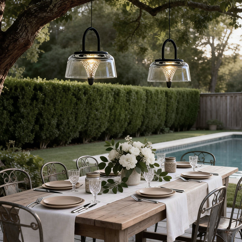 Solar-Powered Clear Glass Pendant Light Fixture for Outdoor Spaces