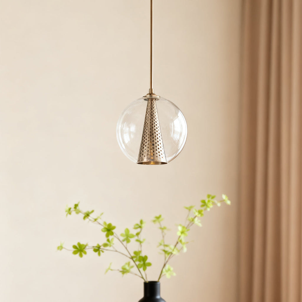Chic Perforated Metal Cone Pendant Light with Glass Ball for Dining Room