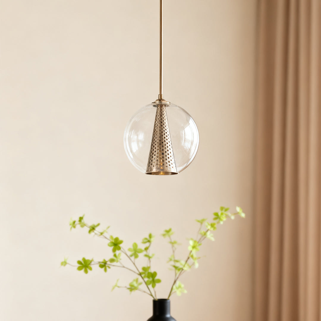 Chic Perforated Metal Cone Pendant Light with Glass Ball for Dining Room