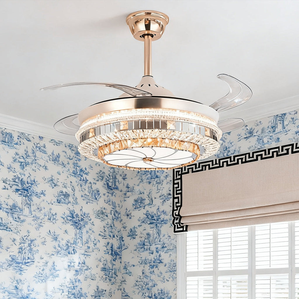 Modern Gold Crystal Ceiling Fan with Light for Living Room Décor