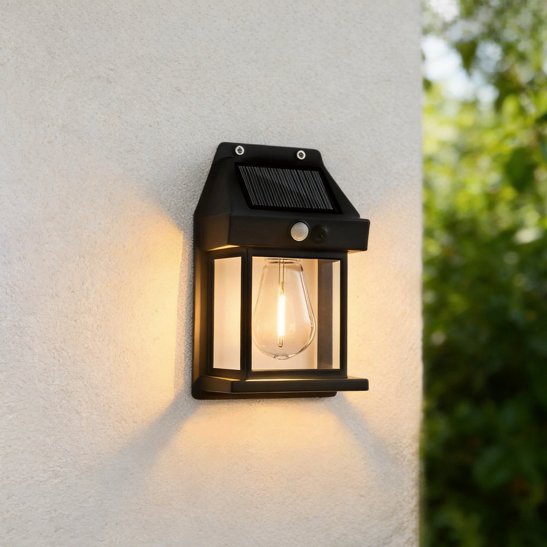 Modern Black Wall Mount Solar Lantern with Tungsten Bulb & Motion Sensor