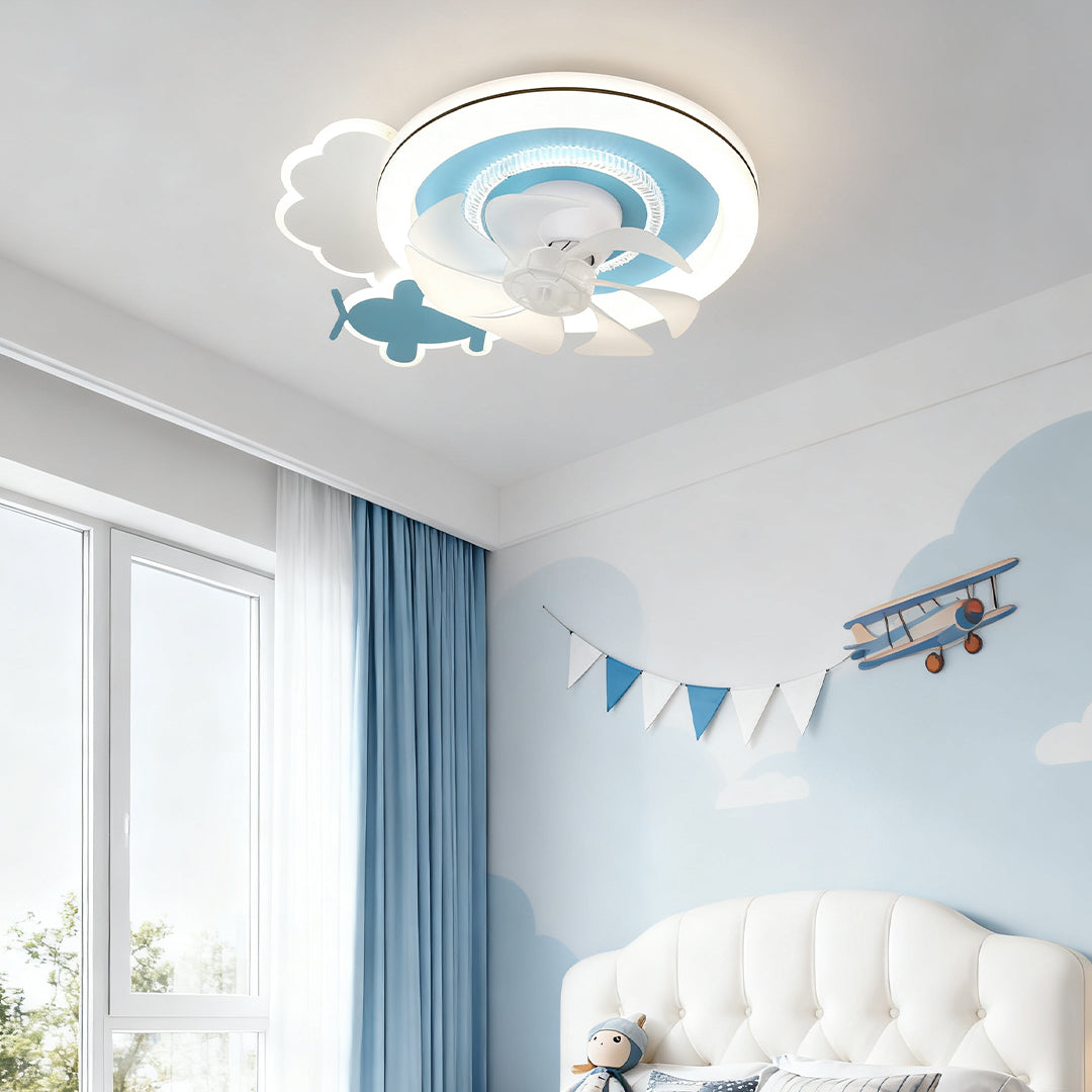 Blue and White Kids' Ceiling Fan with Lights, Quiet Motor for Nurseries