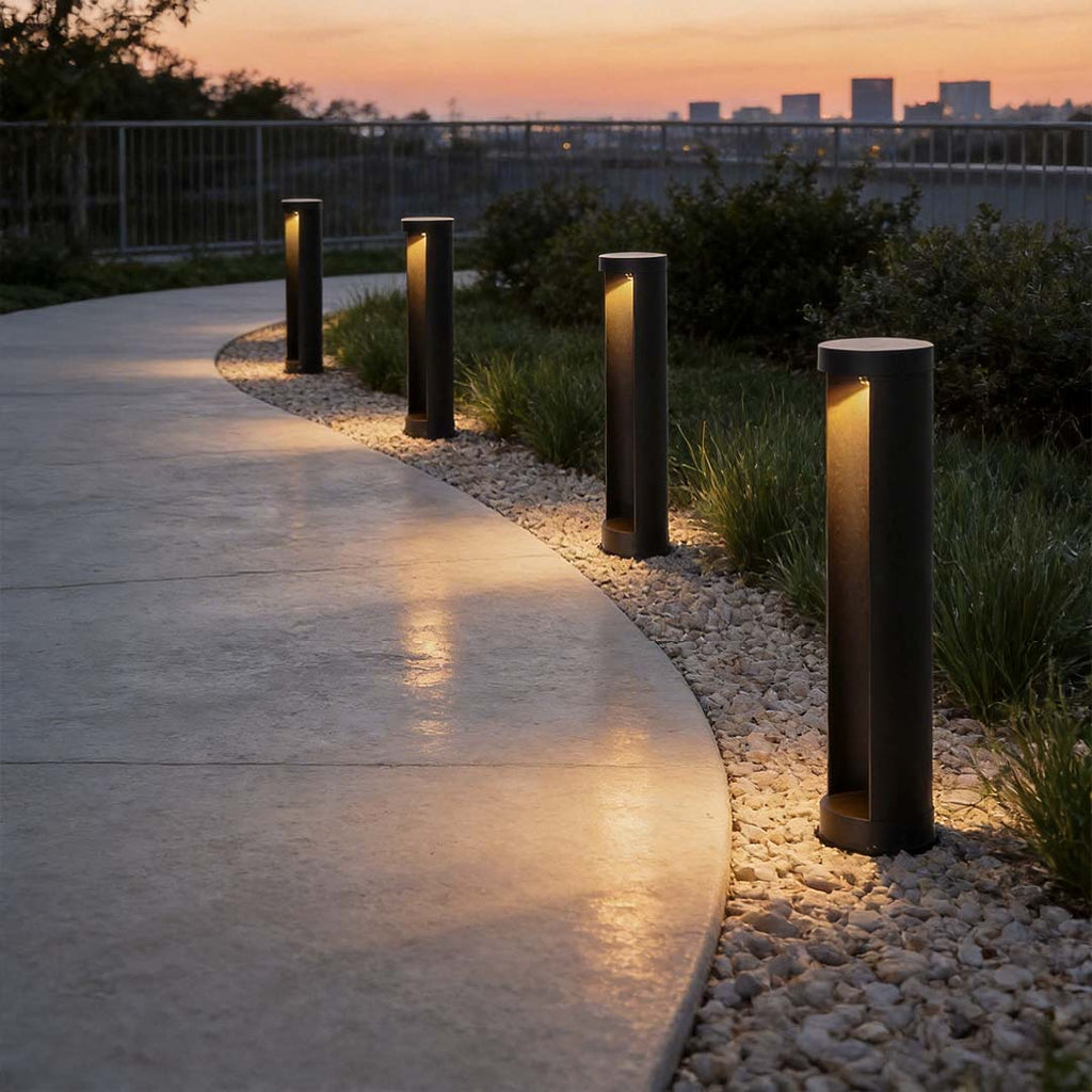 Modern Black Cylindrical LED Bollard Lights for Outdoor Pathways and Gardens