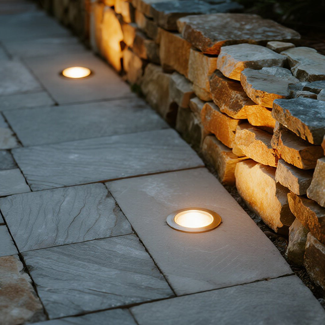 Sleek Minimalist White LED In-Ground Lights for Outdoor Garden Pathways