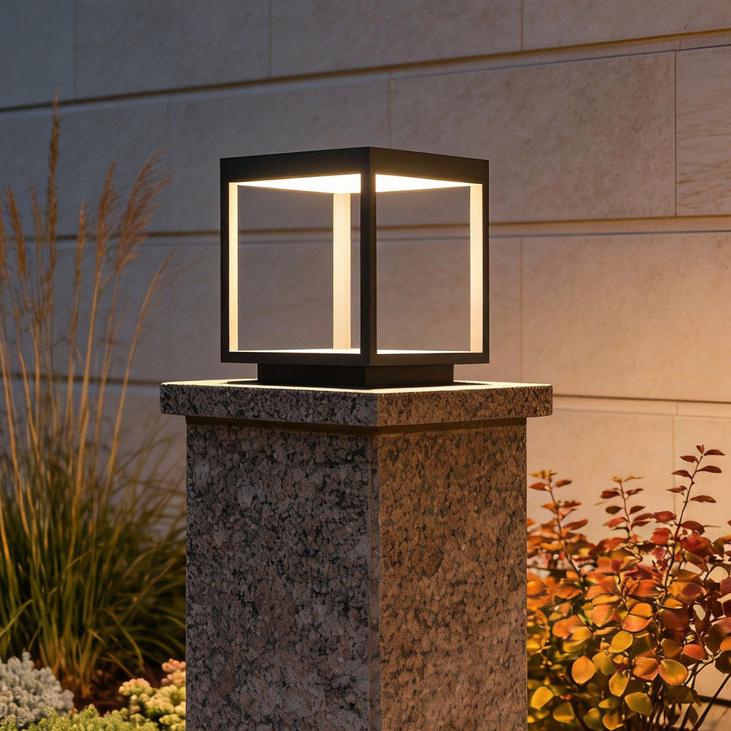 Modern Open-Frame Square Concrete LED Pillar Light for Outdoor Spaces