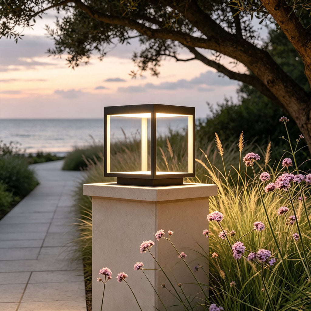 Modern Open-Frame Square Concrete LED Pillar Light for Outdoor Spaces