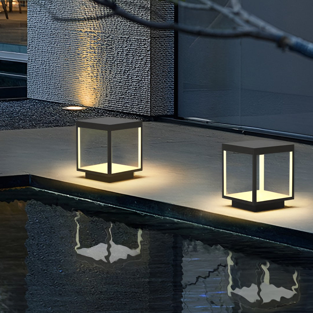 Modern Open-Frame Square Concrete LED Pillar Light for Outdoor Spaces