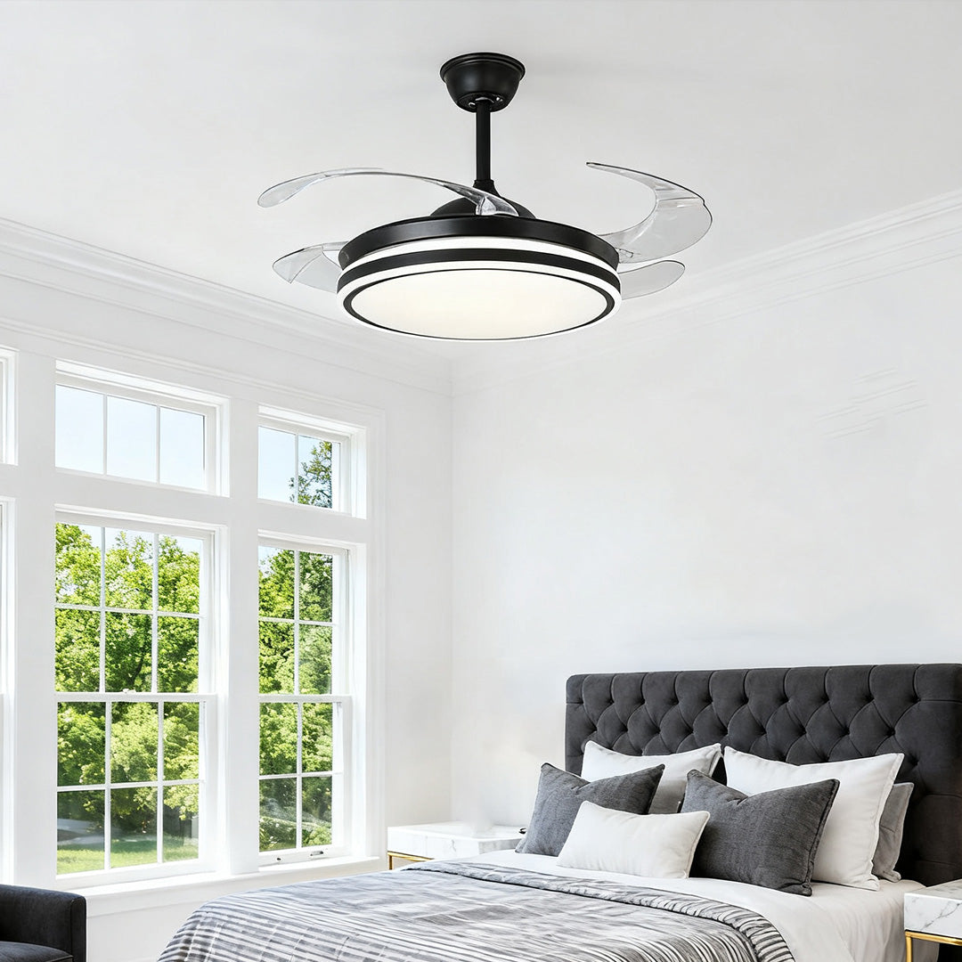 Modern Black All-Copper Ceiling Fan with Remote and Lights for Living Room