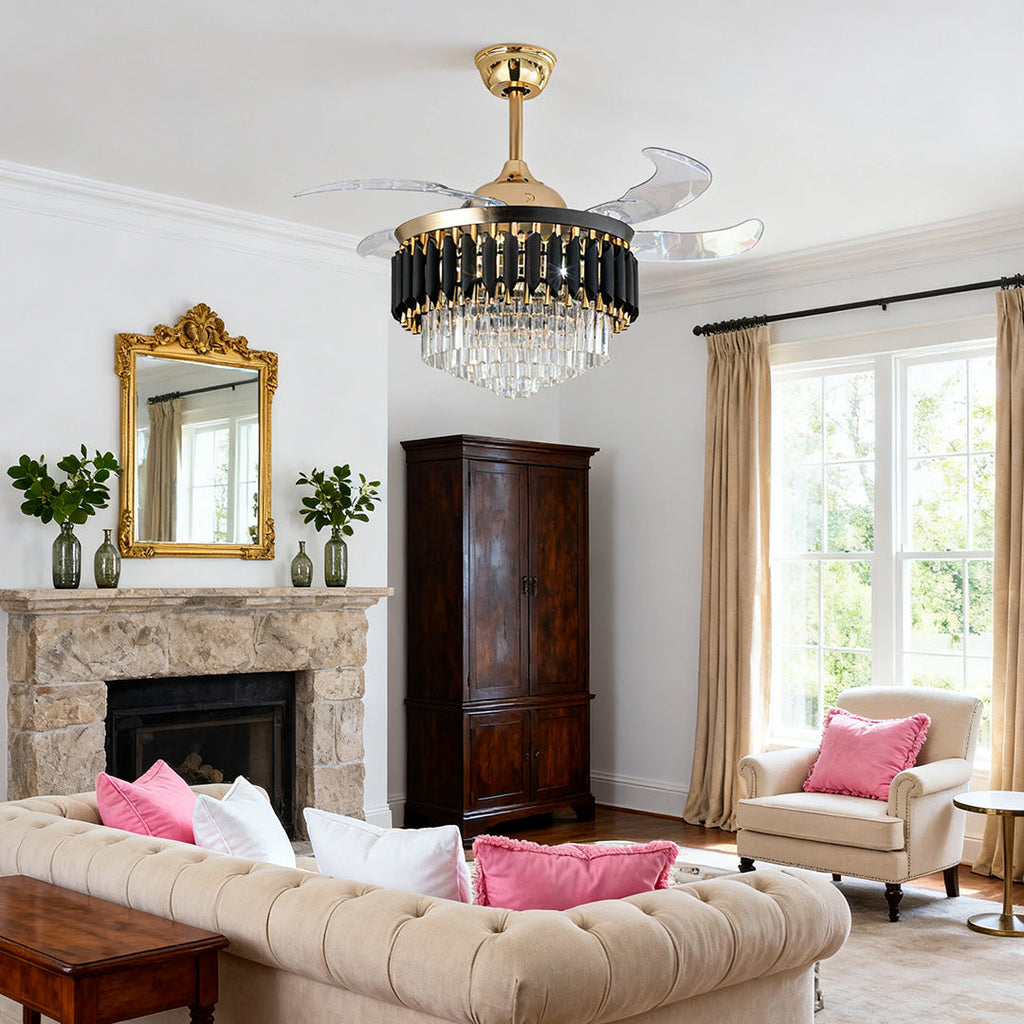 Luxury Black Ceiling Fan with Light, Transparent PC Blades, Iron - Ideal for Living Room