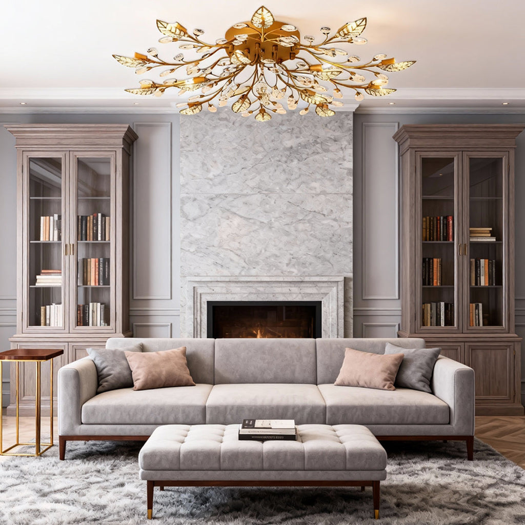 Modern Gold Brass Branch Chandelier with Crystal Leaves for Dining Room