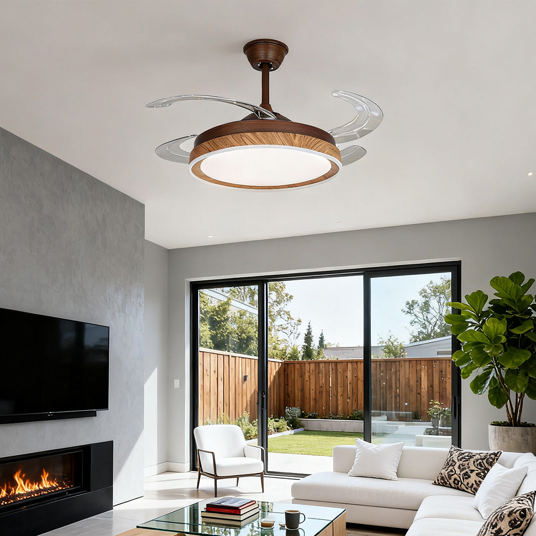 Rustic Walnut Wood Grain Ceiling Fan with 4 Lights for Living Room