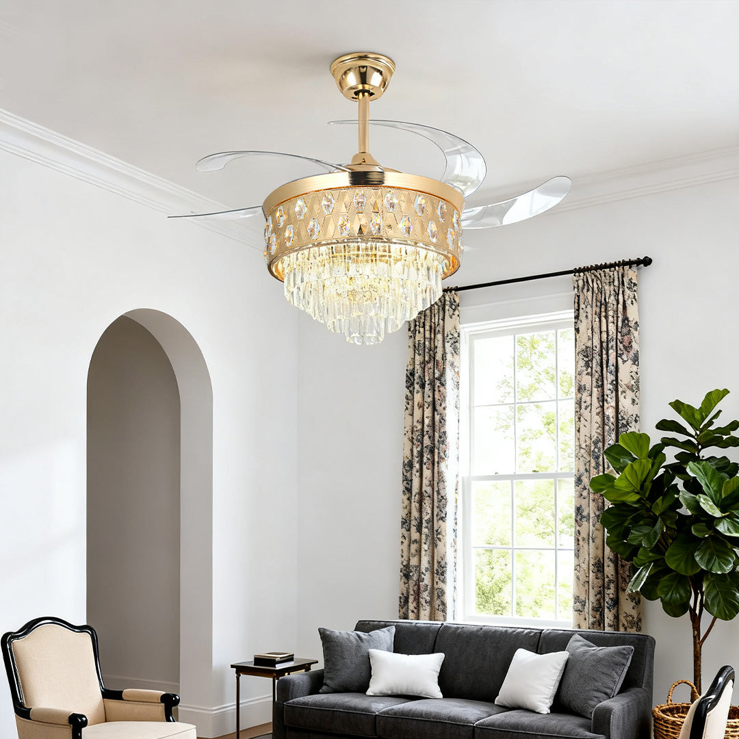 Luxurious Gold Iron Crystal Ceiling Fan Light for Elegant Living Room