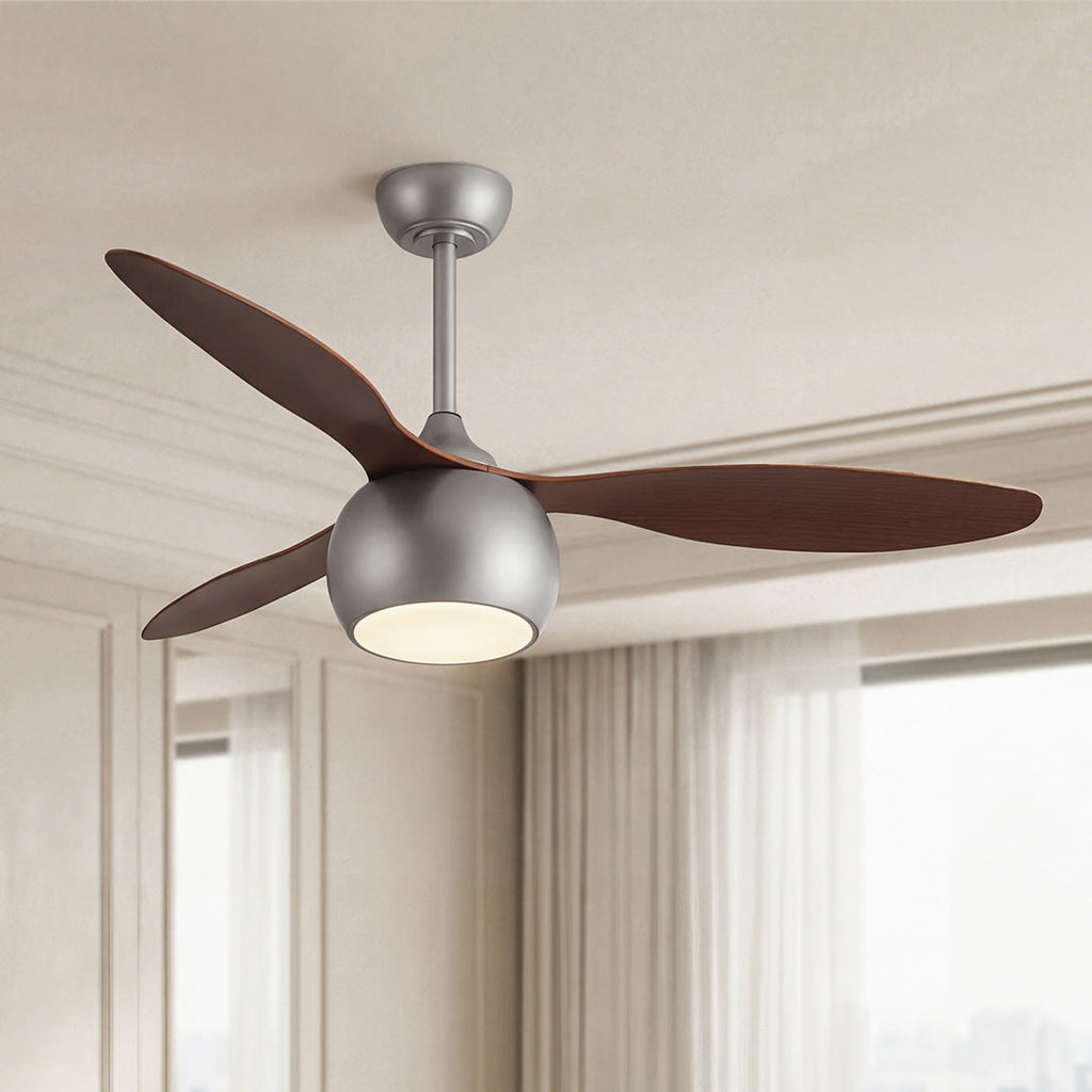Elegant Silver LED Ceiling Fan with Light Wood Grain Finish for Living Room