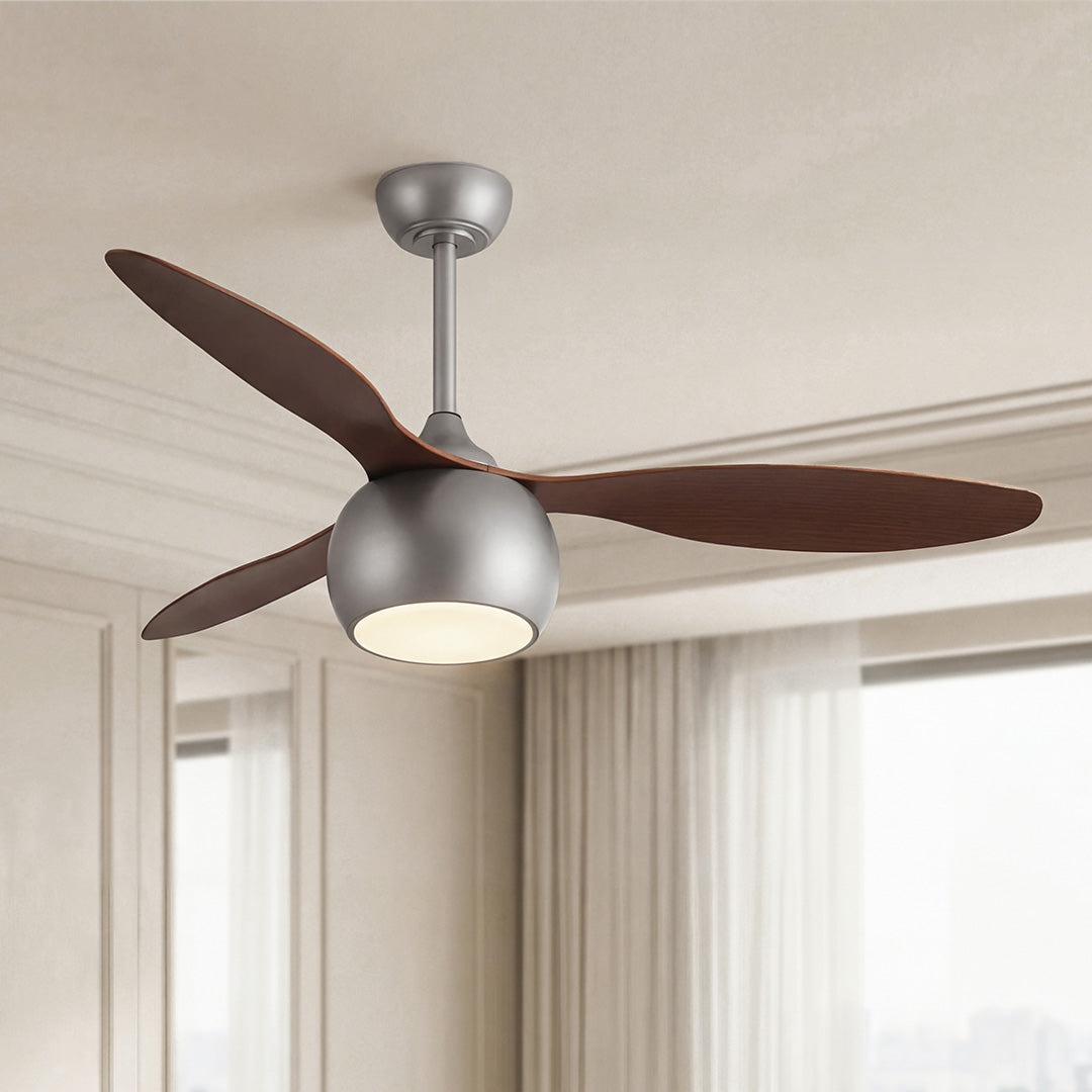 Elegant Silver LED Ceiling Fan with Light Wood Grain Finish for Living Room