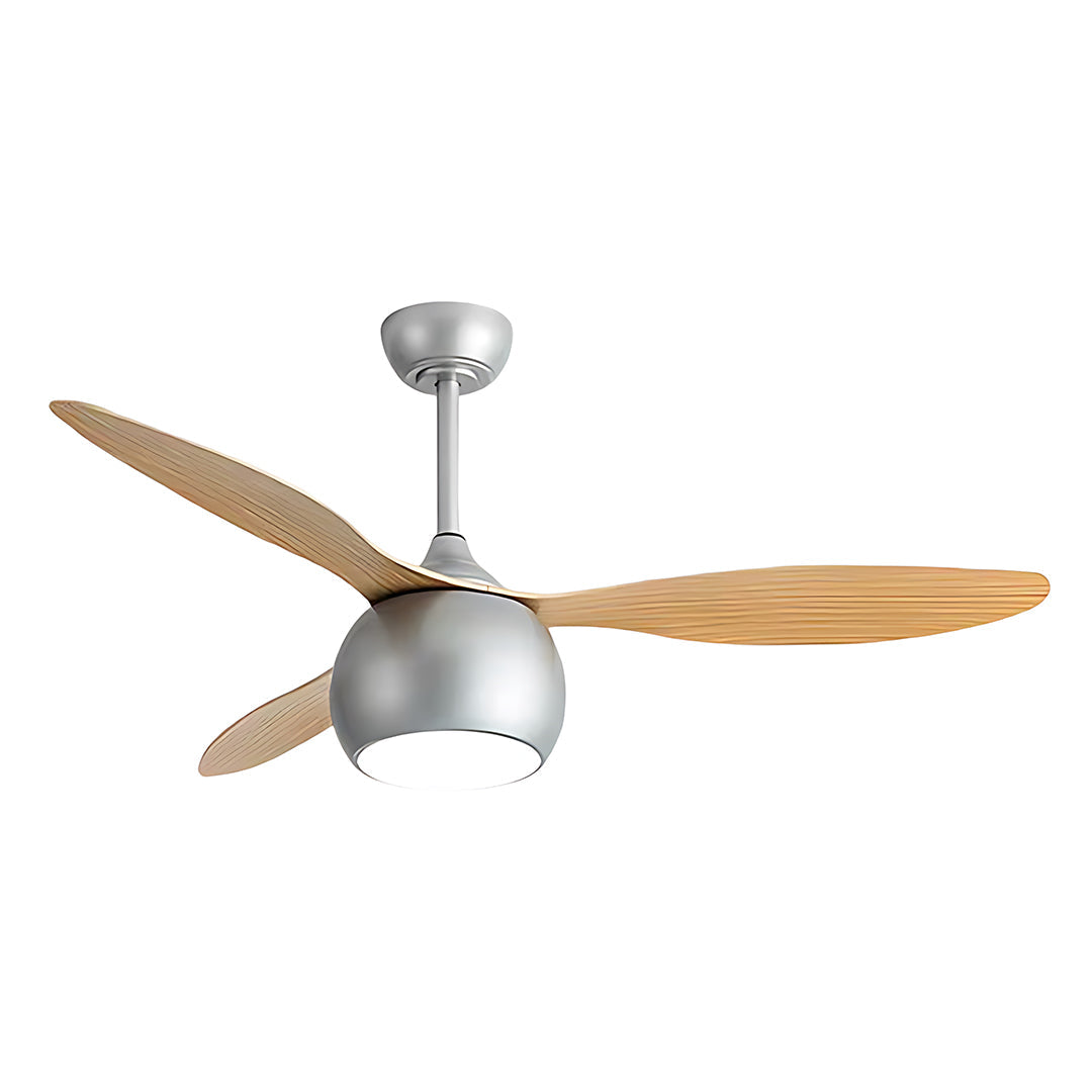 Elegant Silver LED Ceiling Fan with Light Wood Grain Finish for Living Room