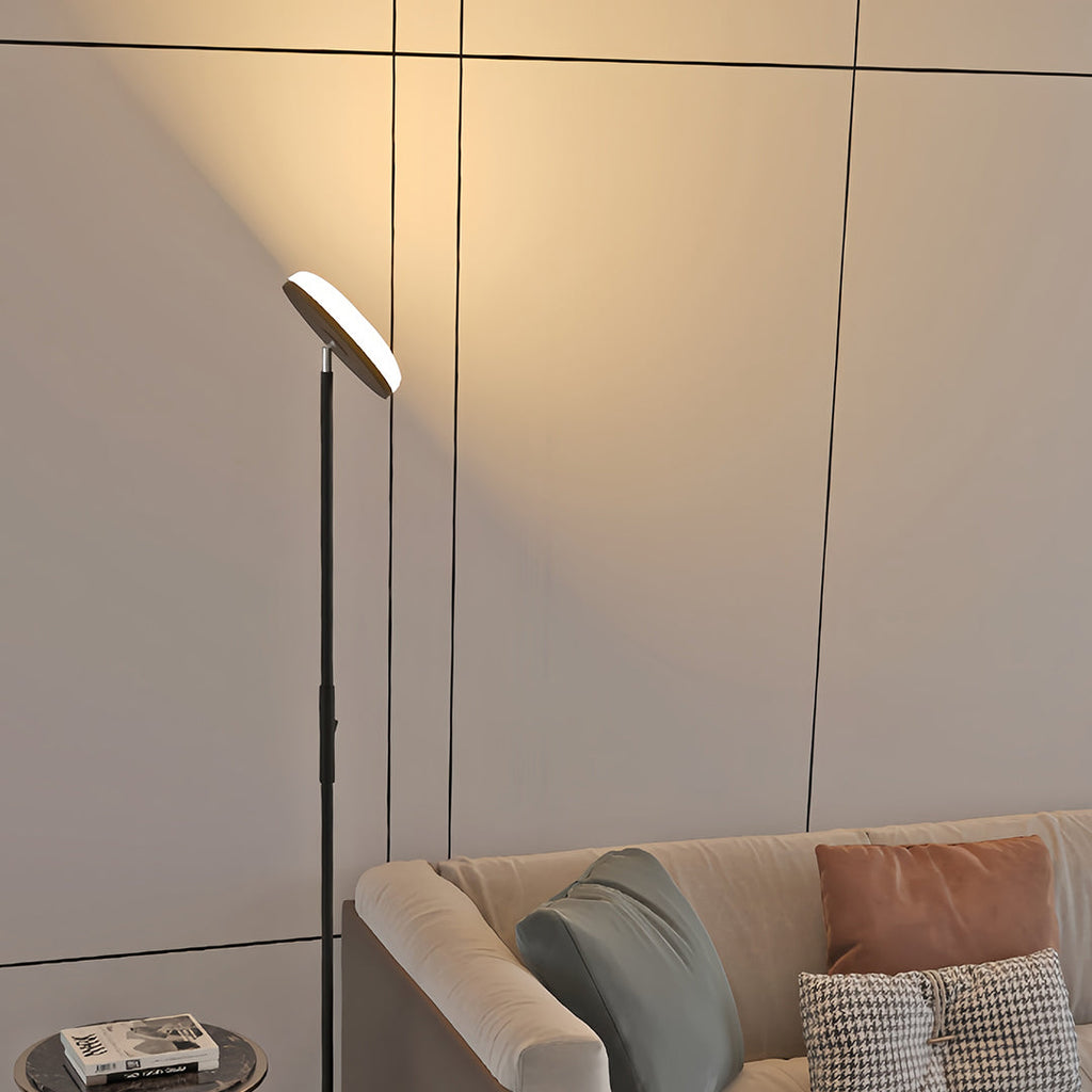 Modern Brass Uplight Floor Lamp with White Shade for Cozy Reading Nook