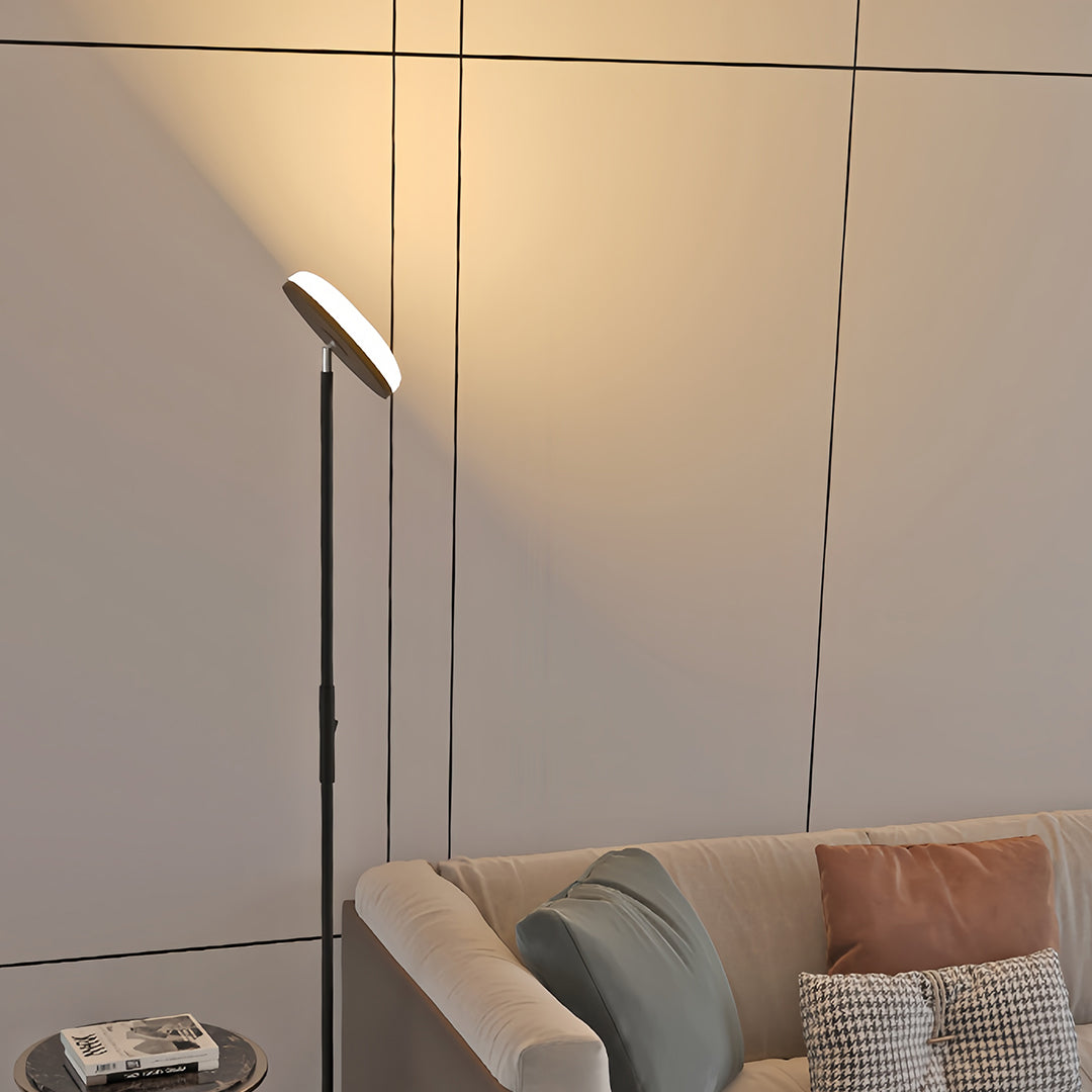 Modern Brass Uplight Floor Lamp with White Shade for Cozy Reading Nook