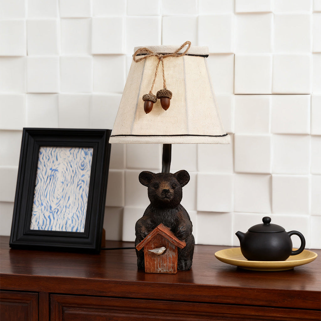Charming European-Style Bear Table Lamp with Fabric Shade for Bedroom