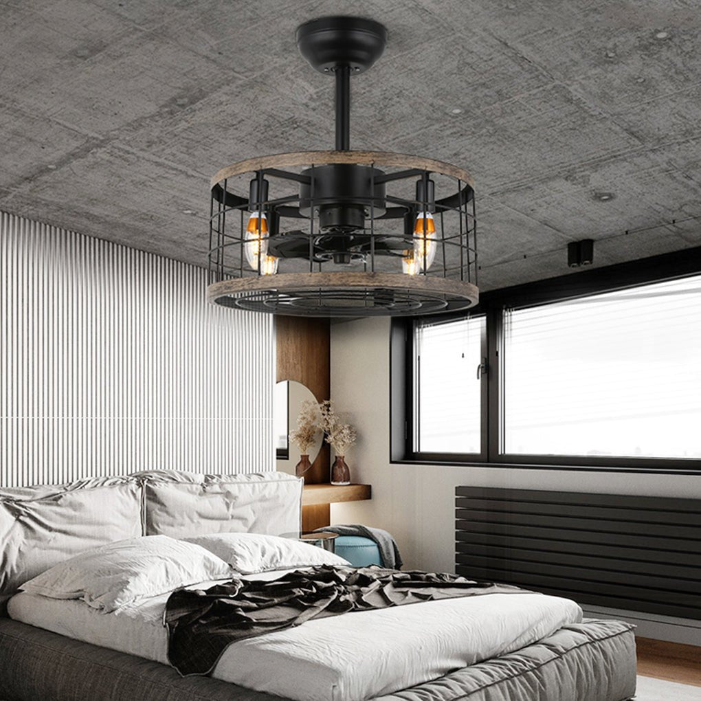 Vintage Black Wrought Iron Cage Ceiling Fan Chandelier for Industrial Spaces