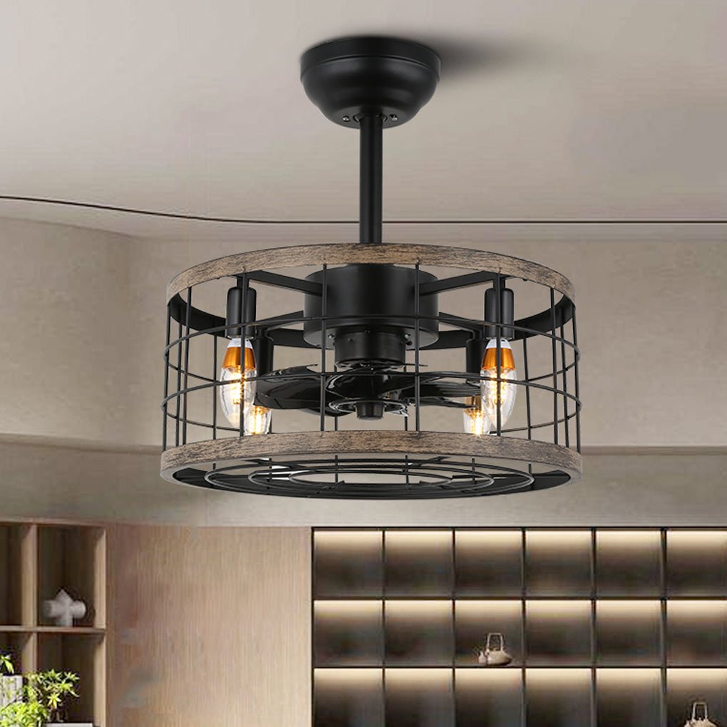 Vintage Black Wrought Iron Cage Ceiling Fan Chandelier for Industrial Spaces