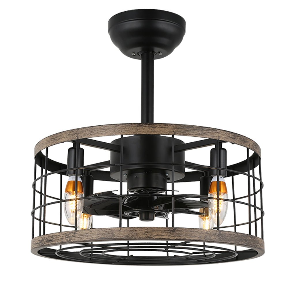 Vintage Black Wrought Iron Cage Ceiling Fan Chandelier for Industrial Spaces