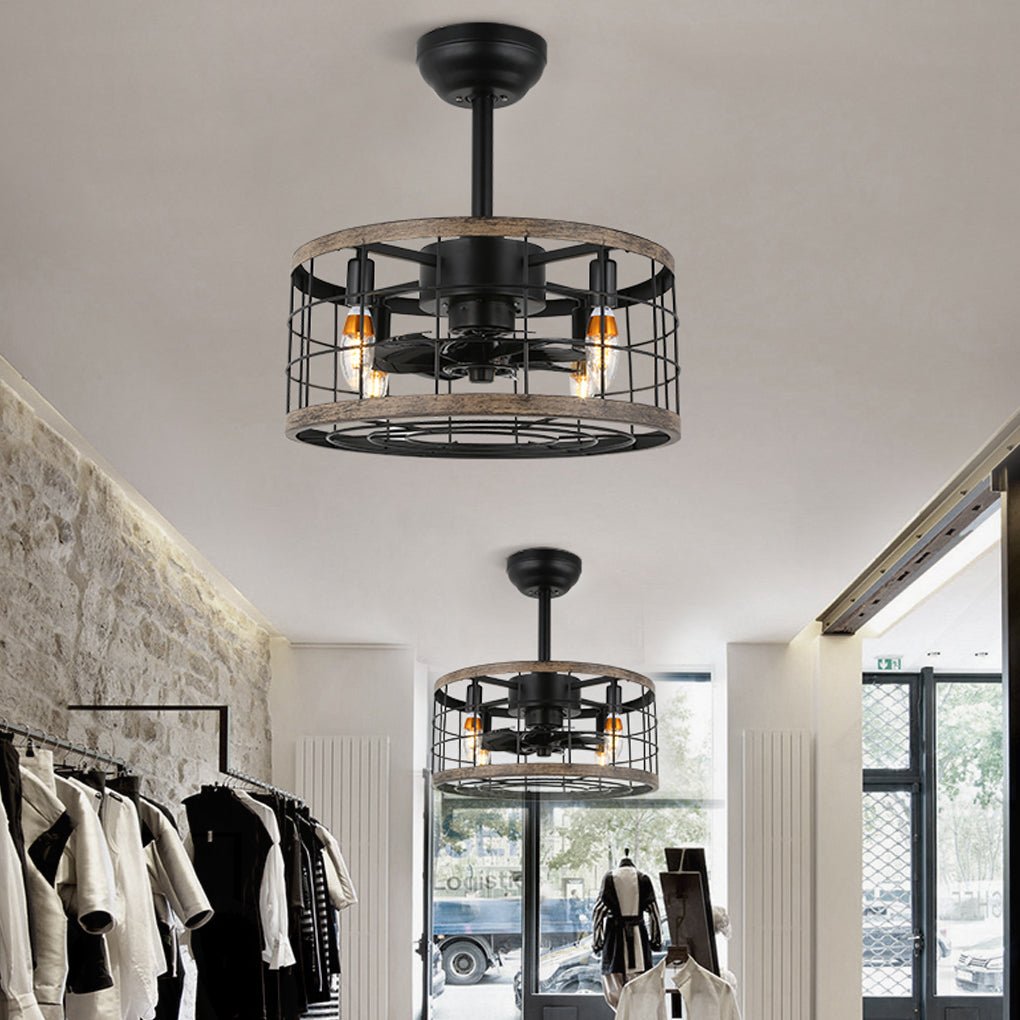 Vintage Black Wrought Iron Cage Ceiling Fan Chandelier for Industrial Spaces