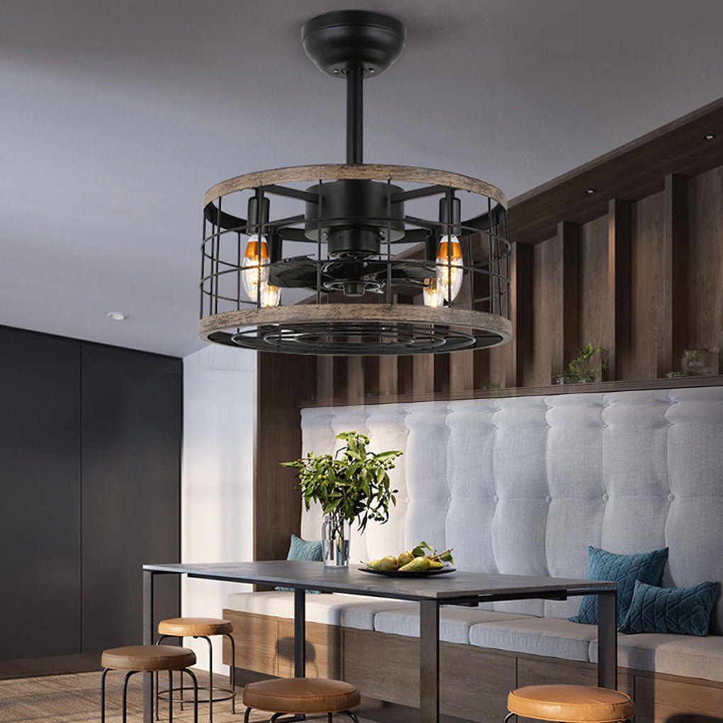 Vintage Black Wrought Iron Cage Ceiling Fan Chandelier for Industrial Spaces