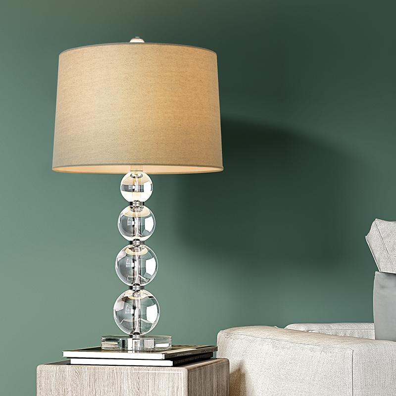Modern White Fabric Cylinder Table Lamp with Crystal Accents for Bedroom