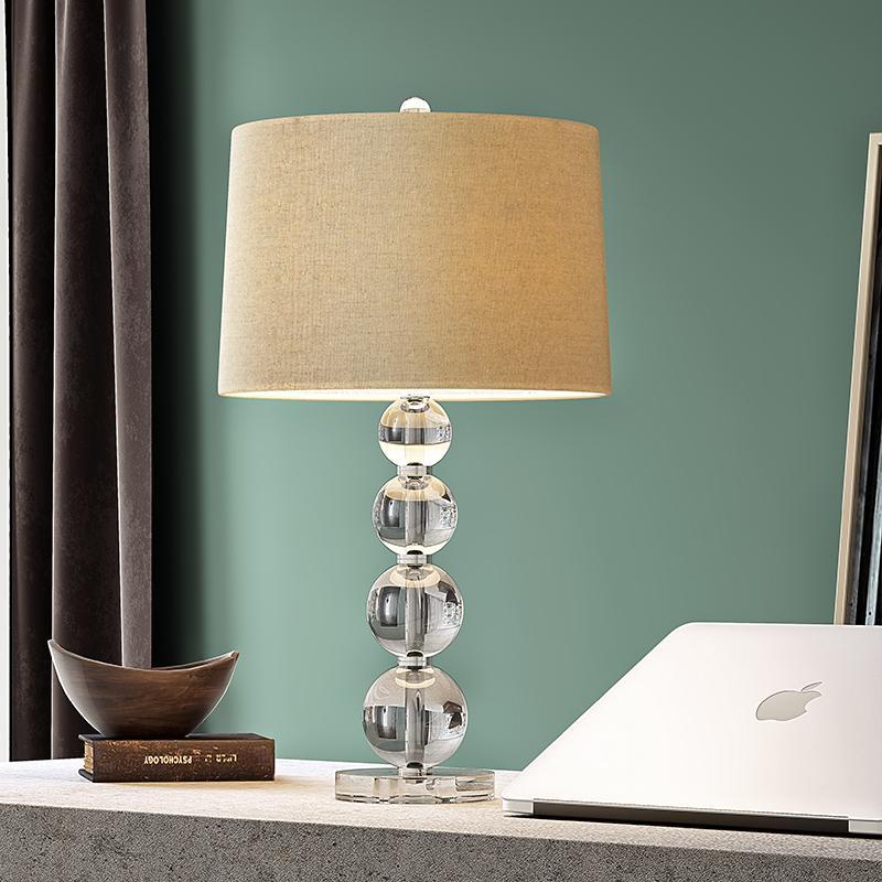 Modern White Fabric Cylinder Table Lamp with Crystal Accents for Bedroom