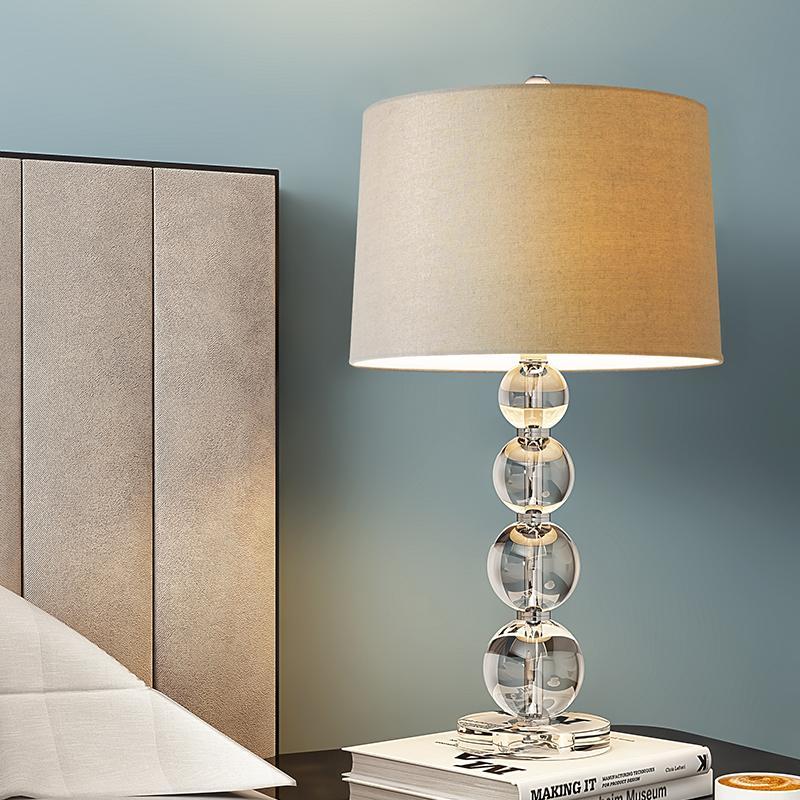 Modern White Fabric Cylinder Table Lamp with Crystal Accents for Bedroom
