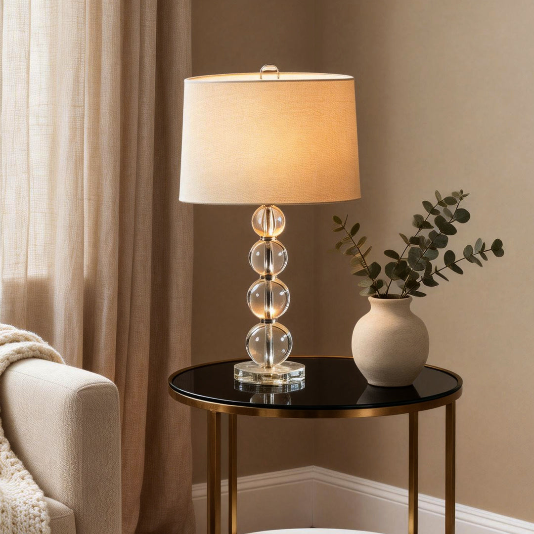 Modern White Fabric Cylinder Table Lamp with Crystal Accents for Bedroom