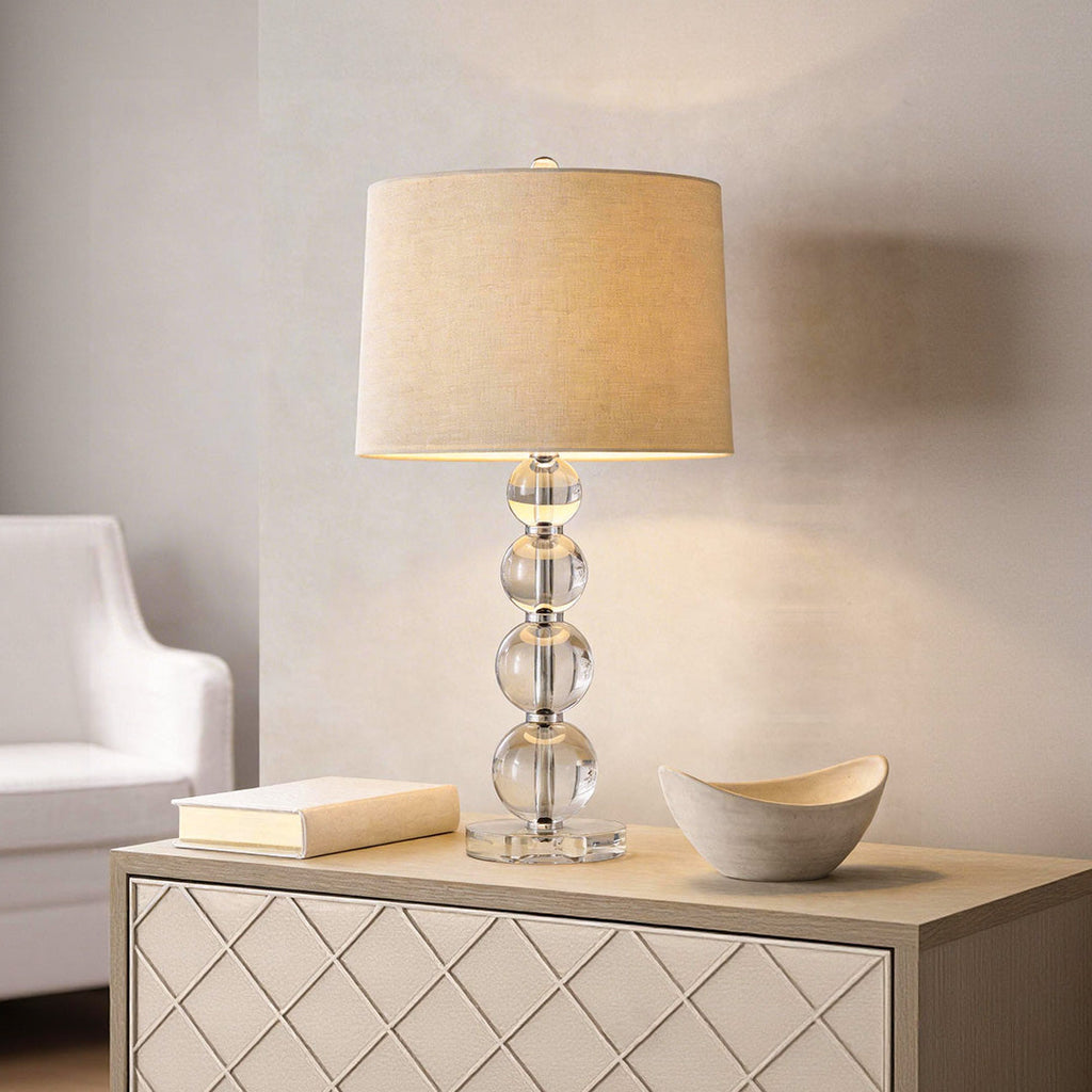 Modern White Fabric Cylinder Table Lamp with Crystal Accents for Bedroom