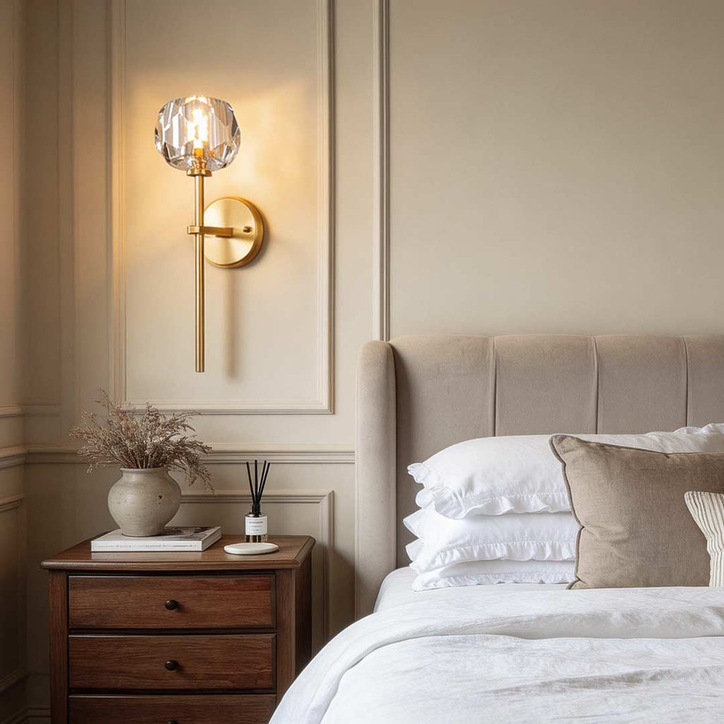 Elegant Gold-Plated Crystal Wall Sconce with Shade for Living Room
