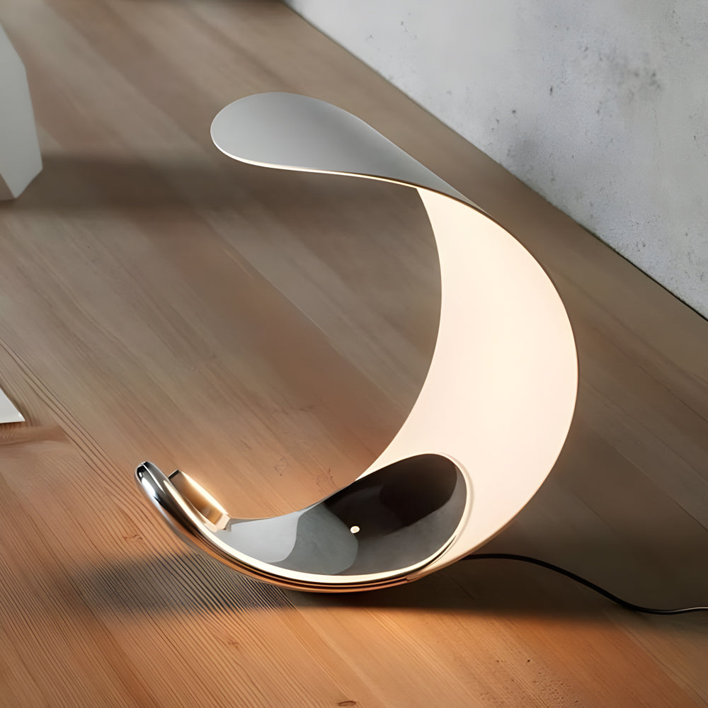 Sleek Curved Silver Chrome LED Table Lamp for Modern Living Room Decor