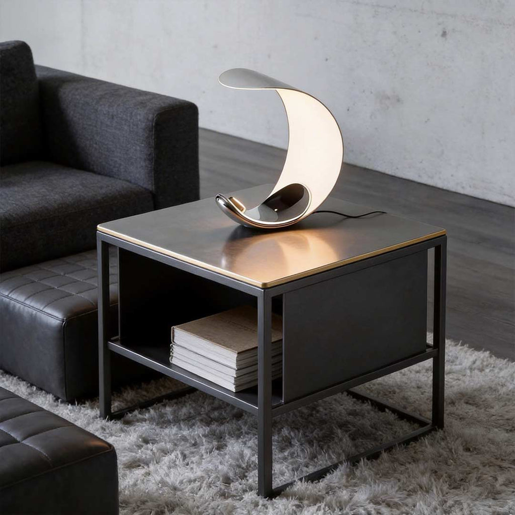 Sleek Curved Silver Chrome LED Table Lamp for Modern Living Room Decor